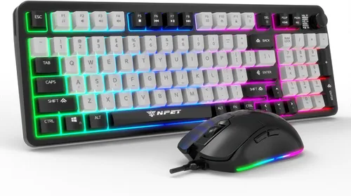 Vista 9 de NPET Teclado y ratón inalámbricos gaming con tri-modo, teclado RGB de 98 teclas con perilla y ratón gaming, 12 teclas multimedia para Windows, PC