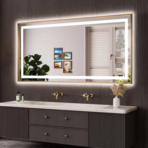 Vista 37 de Amorho Espejo de baño LED de 20 x 28 pulgadas con marco negro, luz frontal y retroiluminación, regulable continuamente, antivaho, a prueba
