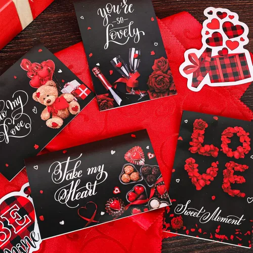 Vista 4 de Whaline Tarjetas en blanco para el día de San Valentín en blanco y rojo con sobres, surtido de 8 diseños de tarjetas de felicitación vintage de oso