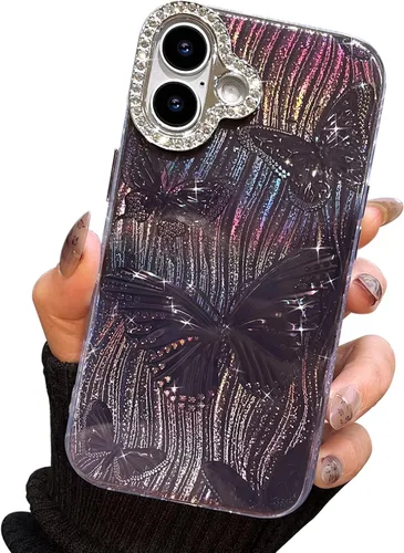 Vista 632 de I-MGAE-IN-AR - Funda diseñada para iPhone 12 y 12 Pro, diseño de mariposa plateada brillante, funda protectora de poliuretano termoplástico, suave