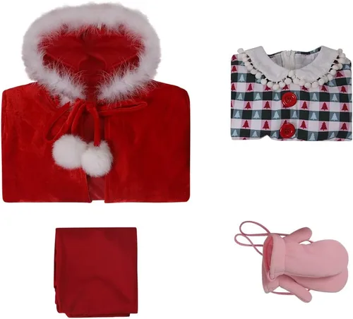 Vista 7 de Pacreck Disfraz de Cindy Lou Who para niños, disfraz de Navidad, vestido de Cindy Cosplay, guantes, abrigo
