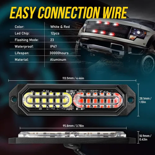 Vista 8 de Luces estroboscópicas LED para camiones, color blanco y rojo, 23 modos intermitentes, 12 LED, luz de parrilla de montaje en superficie de emergencia