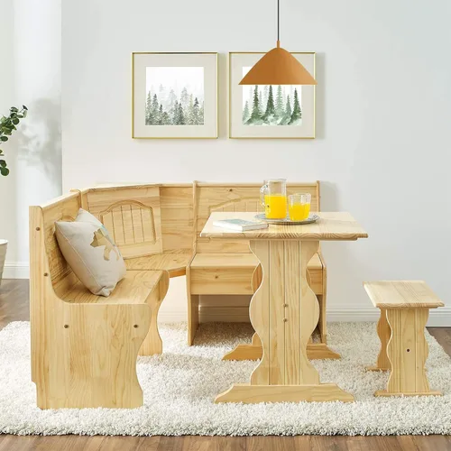 Vista 5 de MUSEHOMEINC Juego de mesa de comedor de 3 piezas de madera maciza con banco lateral, juego de mesa de rincón de almacenamiento oculto para espacios