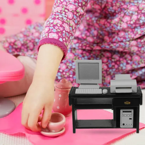 Vista 8 de NUOBESTY Juego de muebles de oficina para casa de muñecas, silla de escritorio en miniatura, impresora de computadora, accesorios de teclado