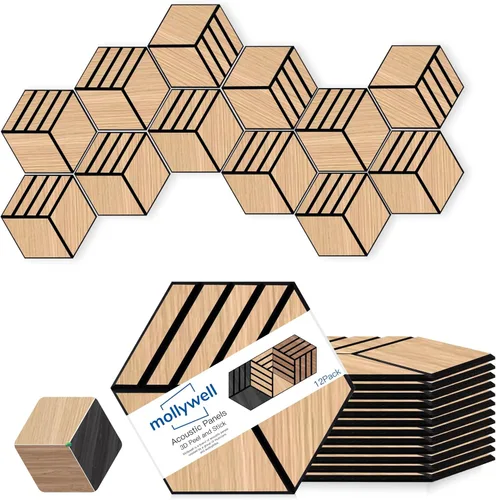 Vista 8 de Mollywell Paneles acústicos hexagonales, nogal S4, 14 x 12 x 0.4 pulgadas, paquete de 12 unidades chapa de madera Paneles de pared de alta