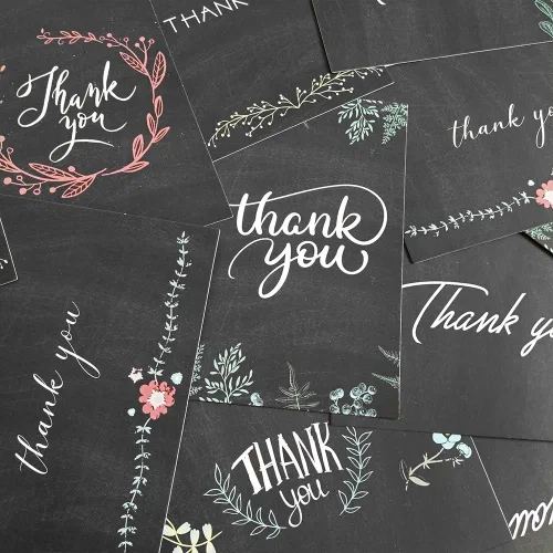 Vista 3 de Supla 150 juegos de tarjetas de agradecimiento con sobres, calcomanías de agradecimiento a granel, 6 diseños de pizarra floral de agradecimiento