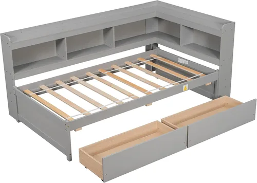 Vista 8 de Quarte Elegante cama de plataforma con estanterías en forma de L, cama de plataforma de madera tamaño individual con 2 cajones de almacenamiento