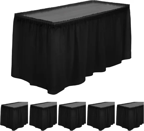 Vista 11 de TURSTIN 2 faldas de mesa de plástico negro de 14 x 29 pies para mesas rectangulares, mantel ajustable, mantel desechable para fiestas de cumpleaños