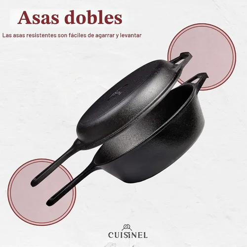 Vista 3 de Sartén de hierro fundido de Cuisinel + tapa - Olla multifuncional 2 en 1 - Olla profunda + sartén - Olla holandesa de 3 cuartos de galón - Utensilio