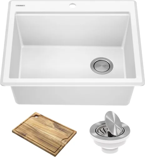 KRAUS Bellucci KGTW12-25WH - Fregadero de cocina con estación de trabajo de 25 pulgadas, montaje superior, empotrado, cuenco individual, de granito