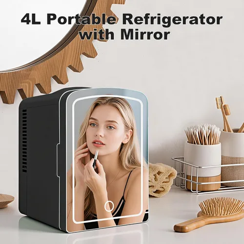 Vista 2 de Iceblue Mini nevera, refrigerador para el cuidado de la piel con espejo de luz LED regulable, 4 litros/6 latas, refrigerador pequeño para belleza
