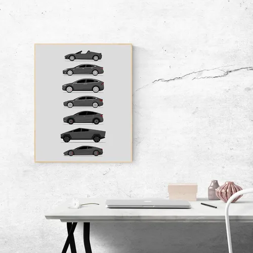 Vista 64 de Custom Car Posters Póster hecho a mano compatible con Tesla Generations e impresión de Roadster, Model S, Model X, Model 3, Model Y, Cyber Truck
