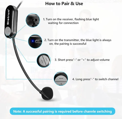 Vista 3 de Bietrun Auriculares inalámbricos con enchufe de 1/4 pulgadas, rango de 165 pies, micrófono inalámbrico UHF y micrófono de mano 2 en 1, para altavoz