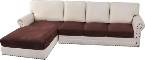 Vista 54 de H.VERSAILTEX - 4 fundas elásticas de terciopelo para cojín de sofá modular en forma de L (sofá grande de 3 plazas + 1 diván, color marfil)