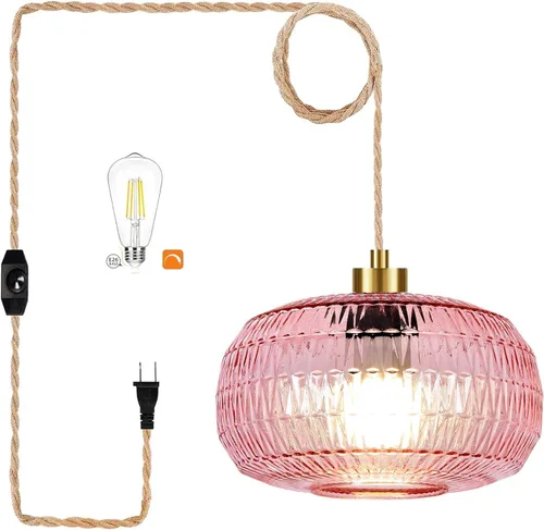 Vista 12 de Lámpara colgante de ratán para enchufar, con cable de enchufe, lámpara colgante de bambú regulable, tejida a mano estilo bohemio, pantalla