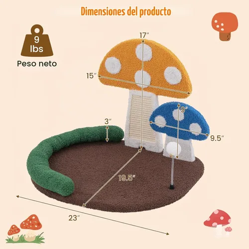Vista 4 de Tangkula Cama para Gatos en Forma de Seta, Rascador para Gatos con Plataforma Amplia y Elevada, Panel de Rascado de Sisal, Bola de Resorte