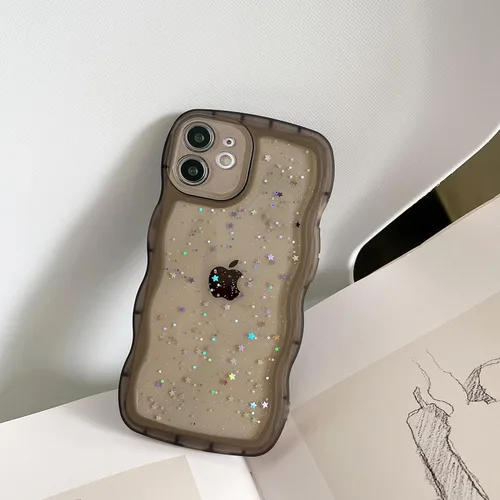 Vista 4 de Qokey para iPhone 14 Plus Funda de 6.7" con diseño de borde ondulado rizado, transparente, con purpurina, brillo, estrellas, brillante, lindo