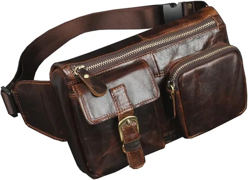 Hebetag - Cangurera de cuero con cremallera para hombres y mujeres para viajar, caminar, correr, guardar teléfonos celulares y carteras #10Café