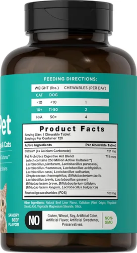 Vista 2 de Horbäach Probióticos para perros y gatos 120 tabletas masticables Ayuda digestiva con 14 cepas probióticas Suplemento sabroso para mascotas