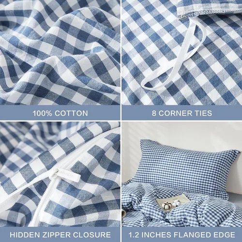 Vista 192 de SAPHREAS Juego de funda de edredón de algodón, tamaño King, a cuadros color gris oscuro y gris, geométrico, 3 piezas, 1 funda de edredón y 2 fundas