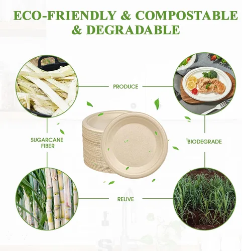 Vista 3 de Vplus Paquete de 125 platos de papel de 6 pulgadas, 100% compostables, platos de papel desechables de alta resistencia, bagazo, natural