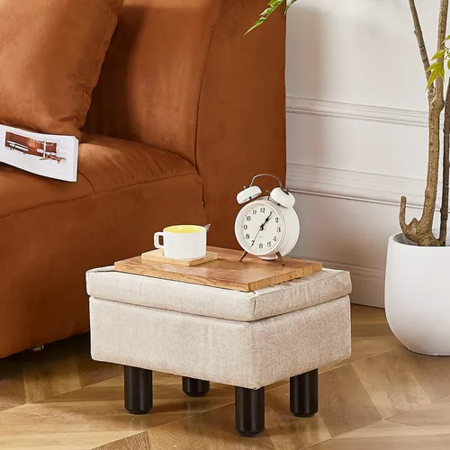 Vista 34 de Cpintltr Taburete de lino pequeño otomano rectangular para pies tapizado con patas de madera maciza, taburetes decorativos modernos, color gris