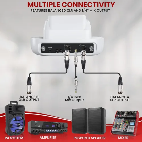 Vista 6 de Pyle Sistema de micrófono inalámbrico UHF - Receptor Bluetooth con 2 micrófonos de mano recargables, baterías de 1200 mAh, sonido claro