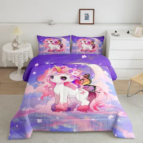 Vista 20 de Feelyou Lindo edredón de unicornio arcoíris tamaño individual, edredón de unicornio lindo para niñas pequeñas arco iris, estrella, galaxia