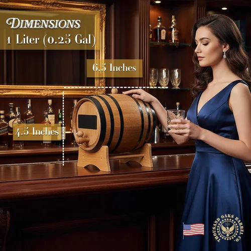 Vista 7 de Dispensador de barril de whisky de 1 litro con pizarra frontal, barriles de roble para criar whisky, cócteles, tequila, barril de bourbon decoración