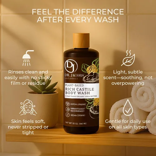 Vista 4 de Dr. Jacobs Naturals - Jabón líquido de Castilla puro, manteca de karité, jabón a base de plantas infundido con vitamina E y aloe vera para hidratar