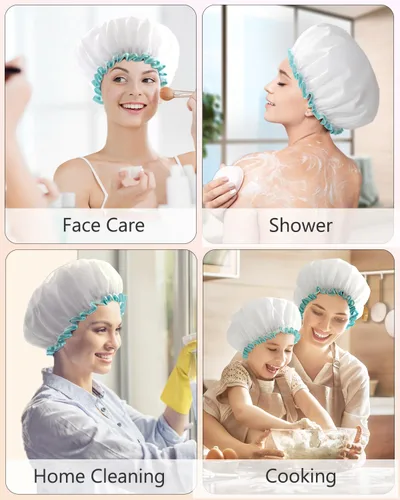 Vista 7 de mikimini Gorros de ducha blancos para mujer, 2 unidades, tamaño grande, reutilizables, impermeables, lavables, para mujeres y niñas, súper lindos