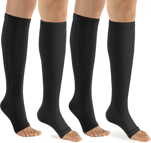 bropite Calcetines de compresión con cremallera para mujer y hombre - 2 pares, de pantorrilla hasta la rodilla, 15-20 mmHg, con punta abierta,