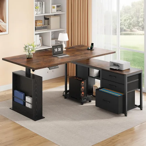 Vista 10 de Escritorio de pie en forma de L de 47 pulgadas con 3 cajones, escritorio eléctrico de pie con almacenamiento para computadora, altura ajustable