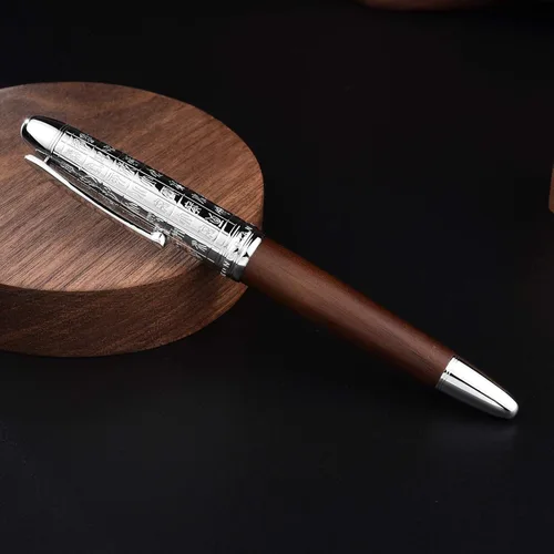 Vista 3 de Hongdian 6016 Pluma estilográfica de madera natural, pluma de escritura de punta media iridio con estuche de metal