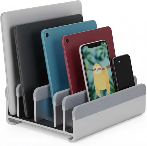 Elestoria Soporte vertical para laptop de 5 ranuras, soporte vertical de aluminio para computadora de escritorio, ancho ajustable (0.472-1.496 in)