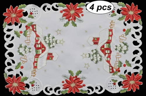 Creative Linens Juego de 4 manteles individuales bordados de Navidad de 11 x 17 pulgadas, diseño de flor de pascua roja con árbol de Navidad, color