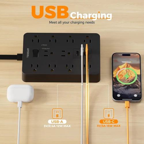 Vista 4 de TESSAN - Tira de alimentación negra con protector de sobretensiones, cable de extensión de enchufe plano de 10 pies con 10 salidas de corriente