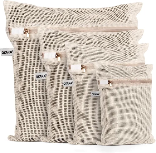 Bolsas de lavandería de malla 100% algodón, suaves de primera calidad, sin tinte, juego de 4, naturales