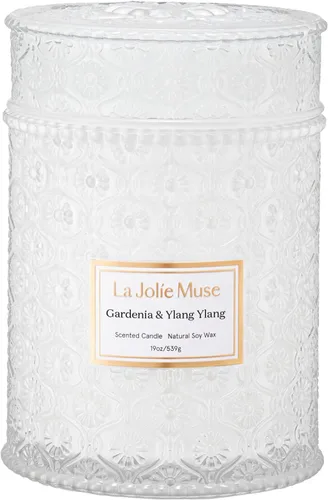 LA JOLIE MUSE Gardenia & Ylang Ylang Scented Candle – Ylang, Tuberose, Orange Blossom |19 oz Large Wooden Wick Candle | Natural Soy Wax | 90 Hours