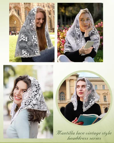 Vista 7 de Velo de capilla triangular pequeño velos de mantilla de encaje de inspiración vintage para iglesia Latina Mass Católica Bufanda para la cabeza