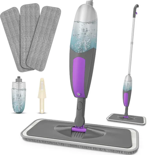 Trapeador de microfibra para limpieza de suelos, con 3 almohadillas lavables, botella recargable de 18.6 fl oz para madera dura, azulejos, mármol,