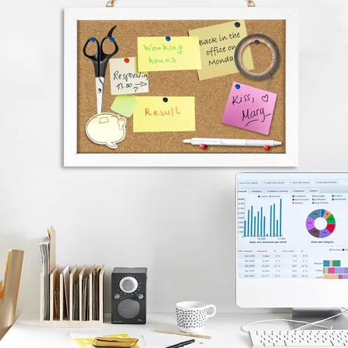 Vista 6 de Tablero de corcho para anuncios de 12 x 7.8 pulgadas con marco blanco rectangular y pin para colgar en paredes, oficina, tablero de mensajes