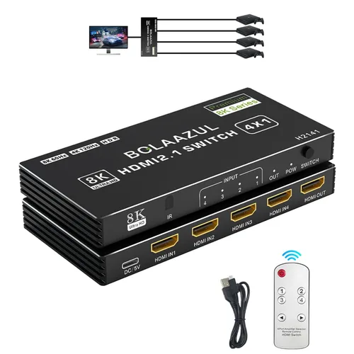 BolAAzuL 8K HDMI 2.1 Switch 120Hz 4K 4 en 1 salida, 8K @60Hz HDMI 2.1 selector selector box 4 puertos con control remoto 4K 120Hz 2K 144Hz, HDMI 4x1