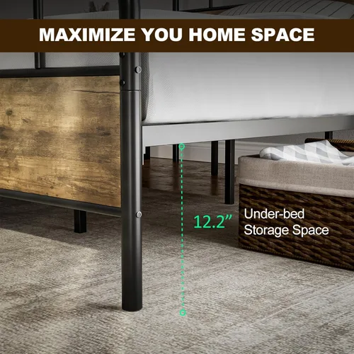 Vista 5 de IKIFLY Base de cama California King con cabecero de madera, cama de plataforma de metal California King, listones de acero resistente