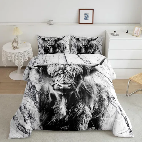 Vista 30 de Ropa de cama con estampado de vaca marrón tamaño individual, juego de edredón rústico de piel de vaca con calavera de vaca, relleno de edredón