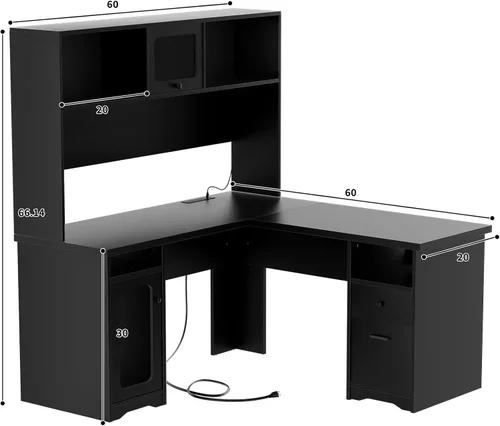 Vista 3 de Unikito Escritorio de oficina con cajones y gabinete, escritorio grande en forma de L para computadora con toma de corriente y luces LED, escritorio