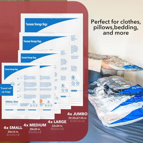 Vista 2 de Bolsas de almacenamiento al vacío 20 combos (4 Jumbo/4 Grandes/4 Medianas/4 Pequeñas/4 Enrollables), bolsas de embalaje de plástico, bolsas