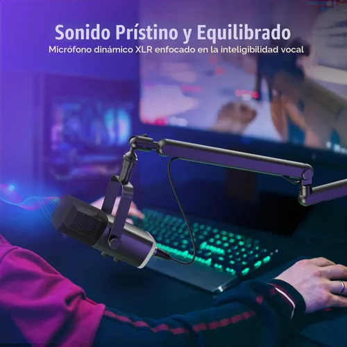 Vista 2 de FIFINE - Micrófono para juegos y paquete de soporte de brazo de perfil bajo, micrófono dinámico XLR/USB con botón de silencio, luz RGB, soporte