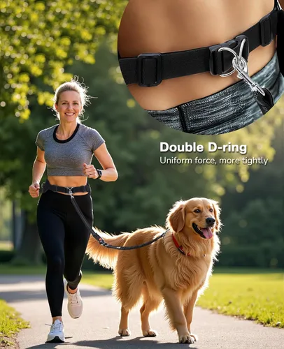 Vista 5 de Pecute Correa para perro manos libres con bolsa, riñonera con almohadillas suaves, asas dobles y elástico duradero para caminar, cinturón