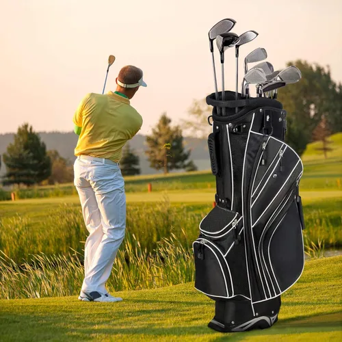 Vista 2 de Bolsa de golf Tangkula con 6 divisores superiores, bolsa de golf ligera con doble correa ajustable y 8 bolsillos, capucha impermeable para lluvia